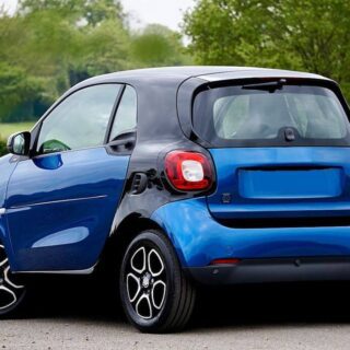 سيارة كهربائية صغيرة زرقاء اللون تقف في باحة امام حديقة خضراء