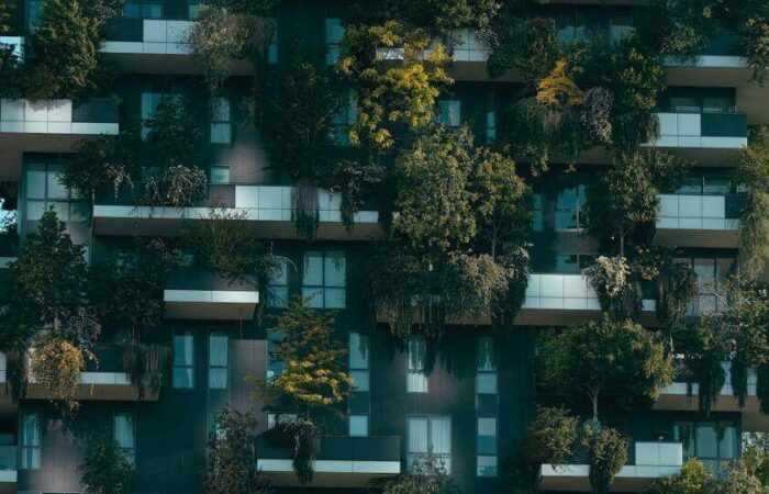 نباتات خضراء تنمو على شرفات الشقق ضمن عمارة سكنية