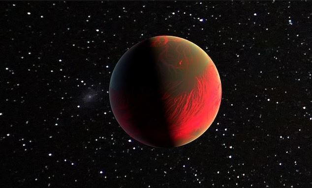 كوكب احمر اللون وعملاق في الفضاء