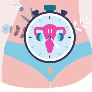 رسم لأسفل بطن فتاة تلبس ثياب داخلية وامام بطنها ساعة بداخلها رسمة لرحم المرأة إشارة الى تأخر موعد الدورة الشهرية