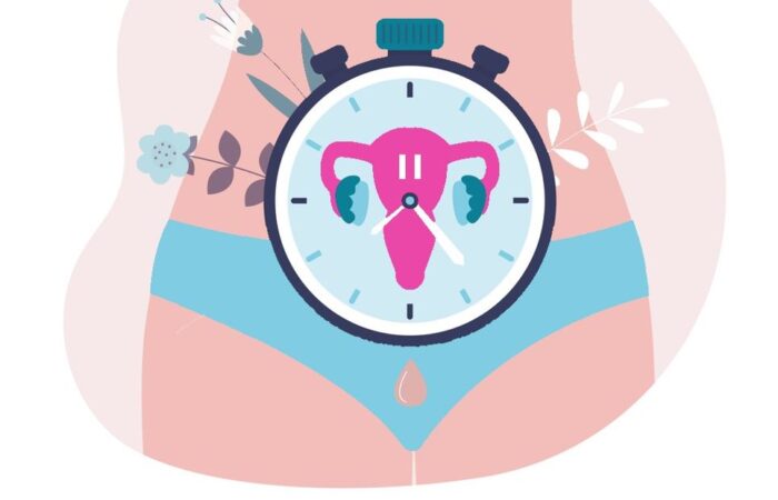 رسم لأسفل بطن فتاة تلبس ثياب داخلية وامام بطنها ساعة بداخلها رسمة لرحم المرأة إشارة الى تأخر موعد الدورة الشهرية