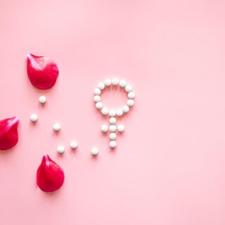 شعار الجنس الأنثوي على خلفية زهرية وبجانبه ثلاث ورقات من وردة جورية حمراء