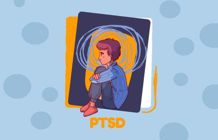 رسم توضيحي لشخص يجلس على الأرض ويضع يديه حول ركبتيه وهو حزين إشارة لأصابته باضطراب ما بعض الصدمة