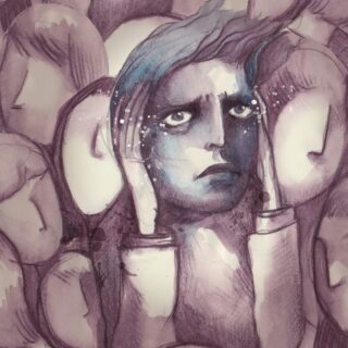 رسم توضيحي لشخص يقف بين مجموعة من الناس ويضع يديه على جانبيّ رأسه وهو يشعر بالقلق