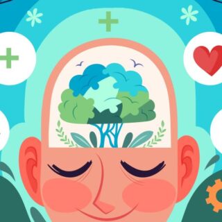 رسمة توضيحية لشخص مغمض العينين ويظهر رسمة الدماغ في رأسه ويوجد حول رأسه أوراق الشجر والقلوب والميزان