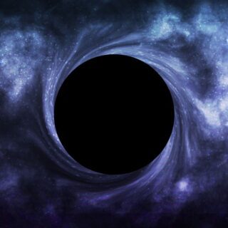 رسم توضيحي للثقب الأسود حيث تظهر بقعة سوداء في المنتصف تقوم بسحب غيوم مضيئة باللون البنفسجي إليها