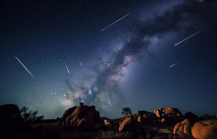 ليلة مظلمة في الخارج وتظهر مجرة درب التبانة بوضوح في السماء ويوجد حولها خيوط بيضاء رفيعة