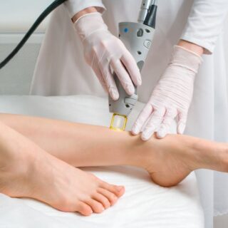 أقدام ناعمة لفتاة بالغة وهي ممددة على سرير في عيادة التجميل ويقوم دكتور التجميل وهو يلبس كفوف بيضاء بوضع جهاز الليزر على قدمها