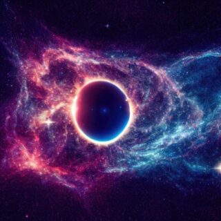 نجم على شكل كروي قاتم اللون ومن حوله أشعة متوهجة زهرية اللون في الفضاء