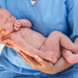 ممرضة تلبس ثياب طبية زرقاء وتحمل بين يديها طفل رضيع عاري ويظهر على كامل جسمه بقع جلدية حمراء بسبب اصابته بالحصبة