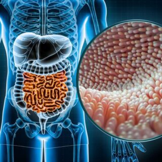 رسم تشريحي للجهاز الهضمي لدى الإنسان وتظهر صورة مكبرة للزغابات المعوية على شكل أهداب وردية اللون بجانب بعضها البعض
