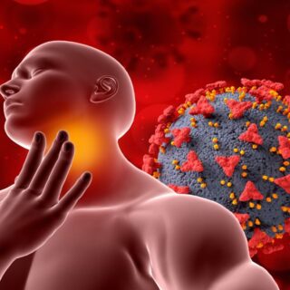 رسم توضيحي لشخص بالغ يضع يده على رقبته أمام الغدة الدرقية وخلفه تظهر كرة باللون الرمادي ذات رؤوس تاجية وهي أشارة للفيروس