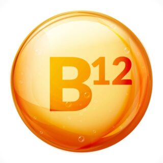 كرة ذهبية داخلها حرف b باللغة الإنكليزية وجانبها رقم 12 تعبيرا عن فيتامين B12