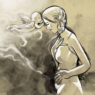 رسمة لأم حزينة تضع يدها على بطنها وأمام وجهها يوجد طفل صغير له جوانح يقوم بتقبيل جبينها