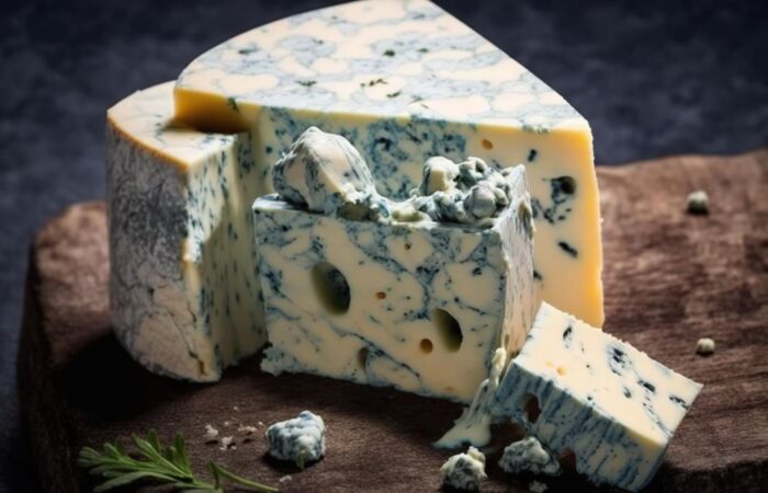 قرص مثلث من الجبنة الصفراء التي تتخللها خطوط عشوائية خضراء ويوجد هذا القرص على لوح خشبي بني اللون