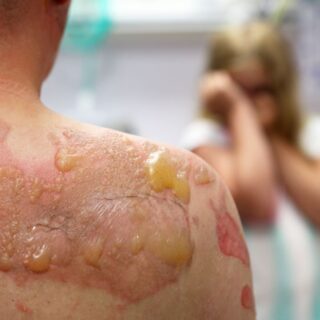 الكتف اليميني لشخص بالغ مصاب بالحروق وتظهر فقاعات جلدية صفراء اللون في مكان الحرق