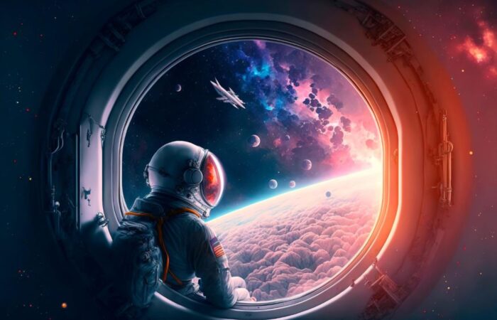 رجل فضائي يجلس أمام نافذة مركبة فضائية وينظر للخارج حيث توجد مجموعة كواكب وسفينة فضائية صغيرة