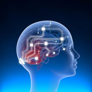 رسم توضيحي للدماغ البشري موصول مع شريحة إلكترونية