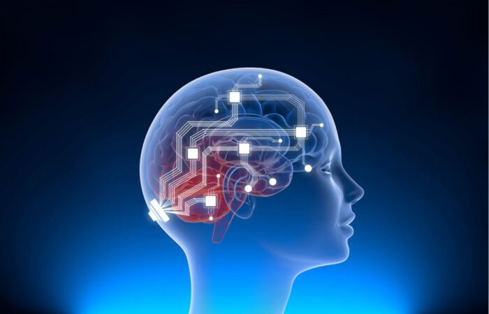 رسم توضيحي للدماغ البشري موصول مع شريحة إلكترونية