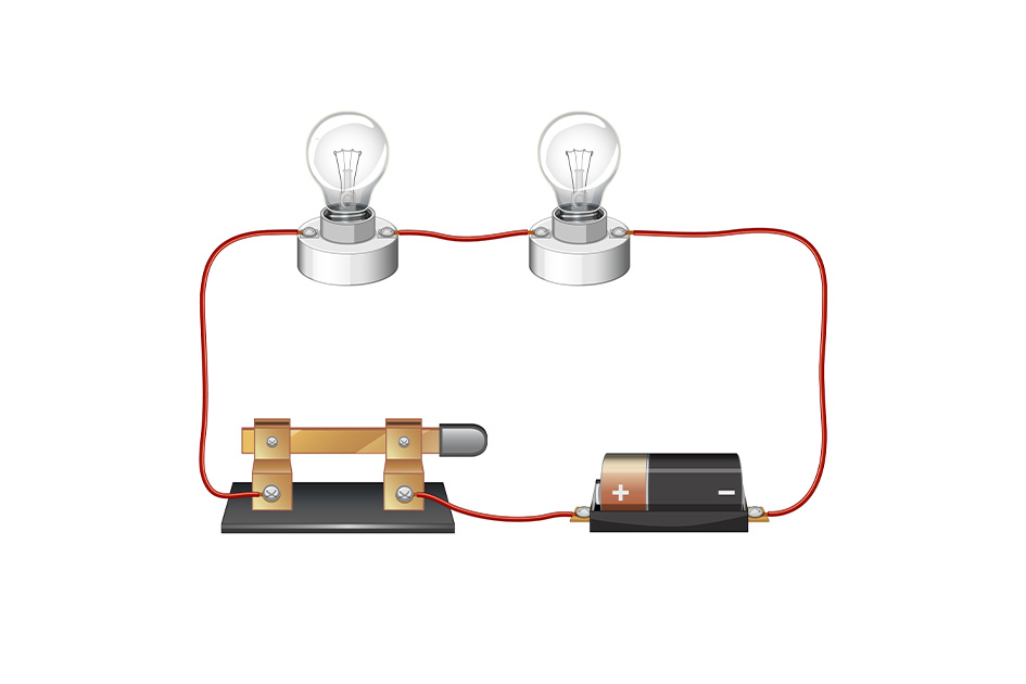 مصباحين موصولين مع بطارية ودارة كهربائية تعمل على مبدأ التيار المستمر