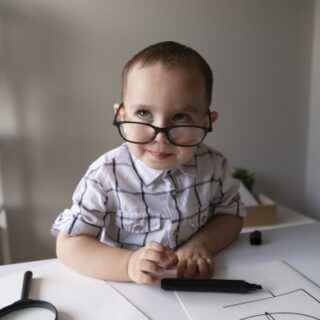 ولد صغير يضع نظارات ذات مقاس كبير ويجلس أمام الطاولة التي يوجد عليها أوراق وقلم ومكبر