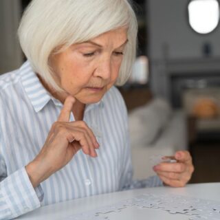 امرأة كبيرة في السن تنظر للعبة البوزل وتضع اصبعا أسفل رأسها