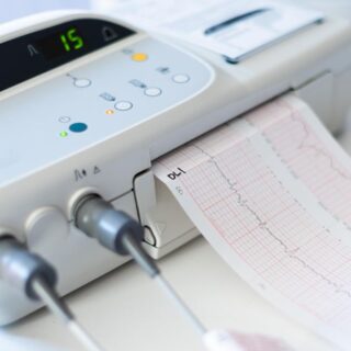 جهاز تخطيط القلب الكهربائي على شكل جهاز أبيض له شاشة مستطيلة سوداء وتخرج من الجهاز ورقة مخططة بخطوط حمراء وفي منتصفها خط بياني متعرج