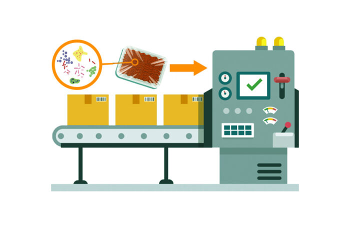 رسم توضيي لأطعمة مغلفة تمر عبر قشاط سيّار داخل جهاز