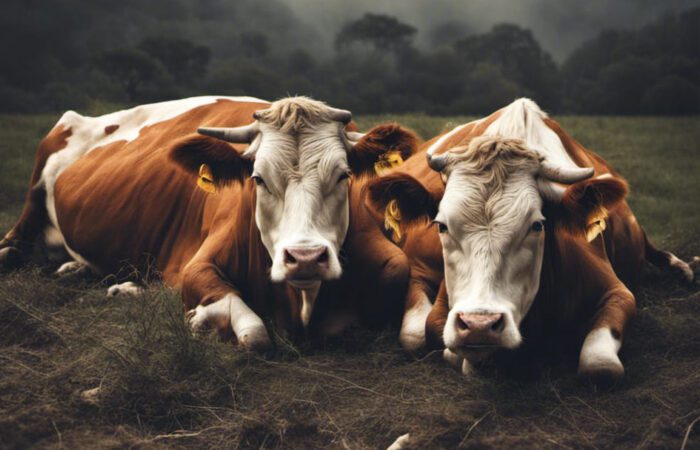 بقرتان لونهما بني وأبيض يجلسان على الأرض بجانب بعضهما البعض