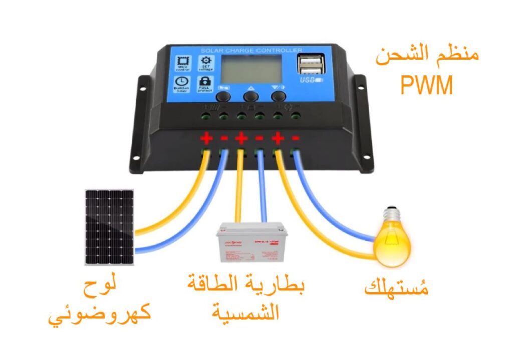 جهاز الكتروني أزرق له شاشة موصول به لمبة إنارة، بطارية ولوح أسود اللون به خطوط بيضاء متقاطعة