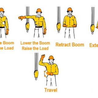 رسم توضيحي لشخص يقوم بصنع إشارات توجيه بواسطة يديه لقائد الرافعة