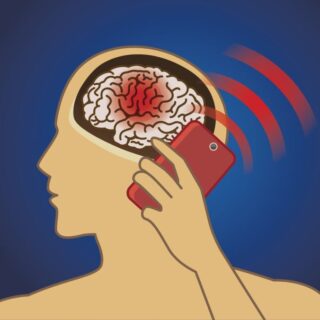 رسم توضيحي لشخص يضع الهاتف الخلوي أمام رأسه وتوجد بقعة حمراء على الدماغ وإشارات تخرج من الجهاز الخلوي