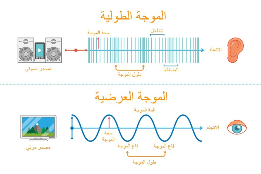 رسم توضيحي للفرق بين الأمواج المرئية على شكل أمواج بيانية صاعدة وهابطة والأمواج المسموعة على شكل خطوط طولية