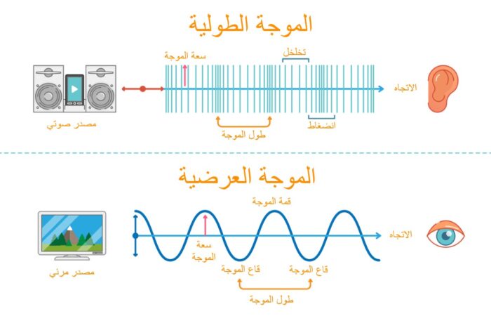 رسم توضيحي للفرق بين الأمواج المرئية على شكل أمواج بيانية صاعدة وهابطة والأمواج المسموعة على شكل خطوط طولية