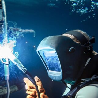 عامل في المياه يرتدي قناع للغوص ويقوم باستخدام ماكينة لحام المعادن