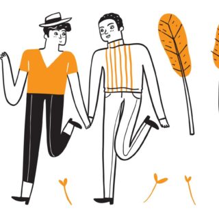 رسم توضيحي لشابين يسيران مع بعضهما البعض ممسكين بأيدي بعضهم