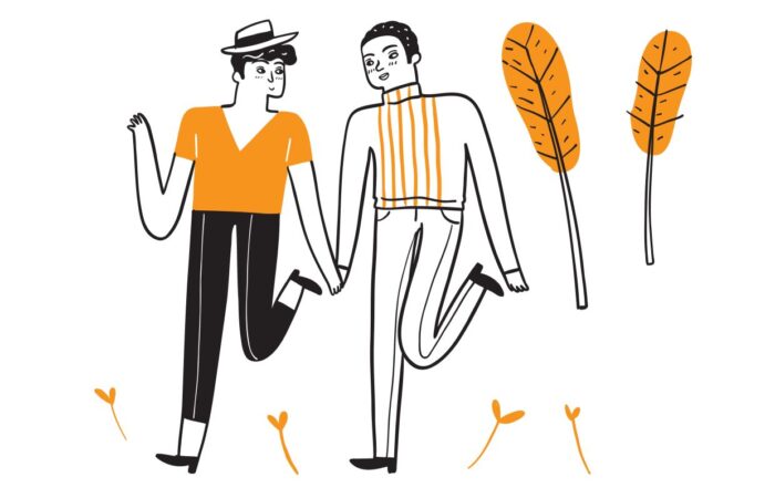 رسم توضيحي لشابين يسيران مع بعضهما البعض ممسكين بأيدي بعضهم