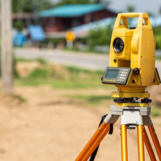 جهاز المحطة الشاملة لقياس الأبعاد الهندسية بدقة وهو على شكل جهاز الكتروني أصفر له شاشة وأزرار ومثبت على ثلاثة أرجل