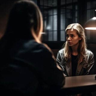 فتاة بالغة تجلس أمام امرأة في غرفة مظلمة ويوجد بينهما مصباح صغير مضيئ