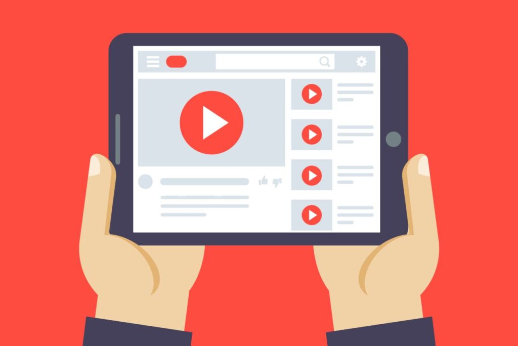 رسمة توضيحية لجهاز تاب لوحي وبداخله برنامج يوتيوب