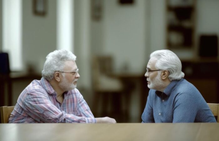 رجلين كبار في السن يجلسان على كرسي ويتحدثان الى بعضهما البعض