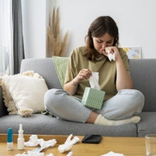 امرأة بالغة تجلس على الأريكة وتضع يدها أسفل أنفها وتقوم بسحب مناديل بيضاء من علبة أمامها