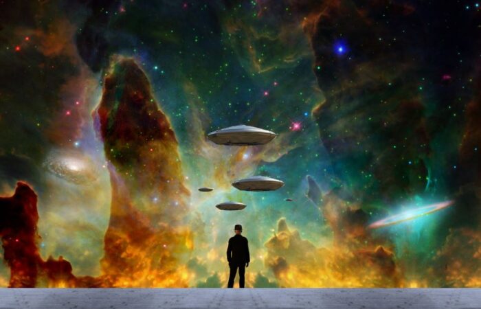 رسمة توضيحية لشخص ينظر الى الصحون الطائرة في الفضاء