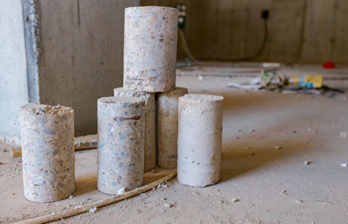 قطع خرسانية اسطوانية الشكل في غرفة داخل مبنى قيد الإنشاء