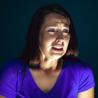 امرأة ترتدي كنزة زرقاء تجلس في الظلمة وتظهر عليها معالم الخوف