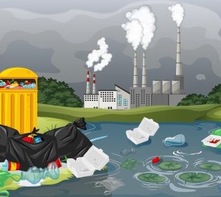 رسمة توضيحية لنهر تملأه الأوساخ واكياس بلاستيكية فارغة ومصنع في الخلفية ينفث دخان أبيض في الجو