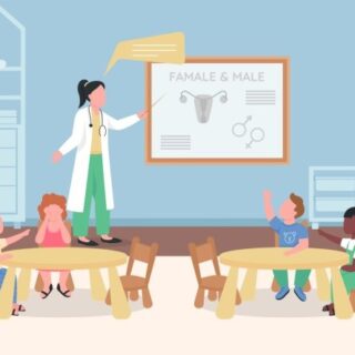 رسمة توضيحية لآنسة تقوم بشرح كلمة أنثى وذكر مكتوبة باللغة الإنكليزية لطلابها