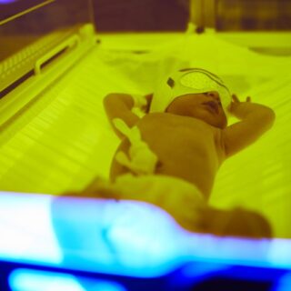 طفل حديث الولادة في الحاضنة وتلفه إنارة باللون الأصفر