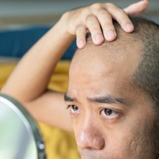 شاب يمسك مرآة وينظر لها ويضع يده على راسه