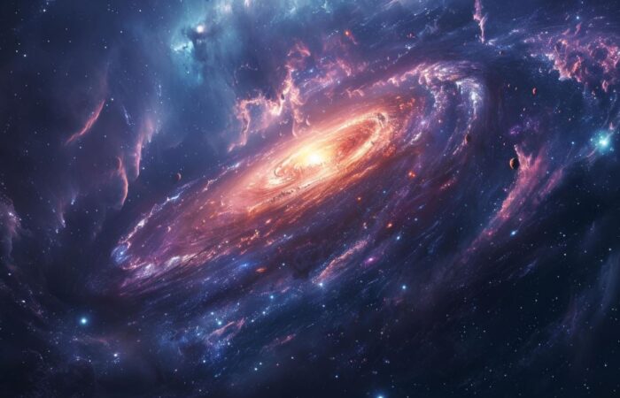مجرة ملتفة الشكل لونها بنفسجي وفي منتصفها بقعة مضيئة